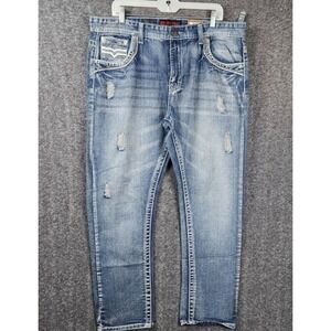 GS-115 Premium Jeans Mens 38 Blue‎ Distressed Thick Stitch Straight Leg